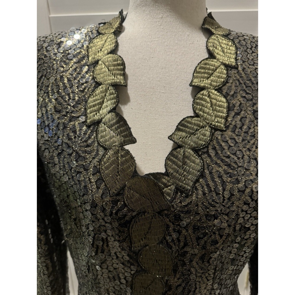 Vtg Black Gold Leaf Sequin Silk Evening Cocktail Jacket Holiday Elegant 10 L Med - Picture 3 of 12